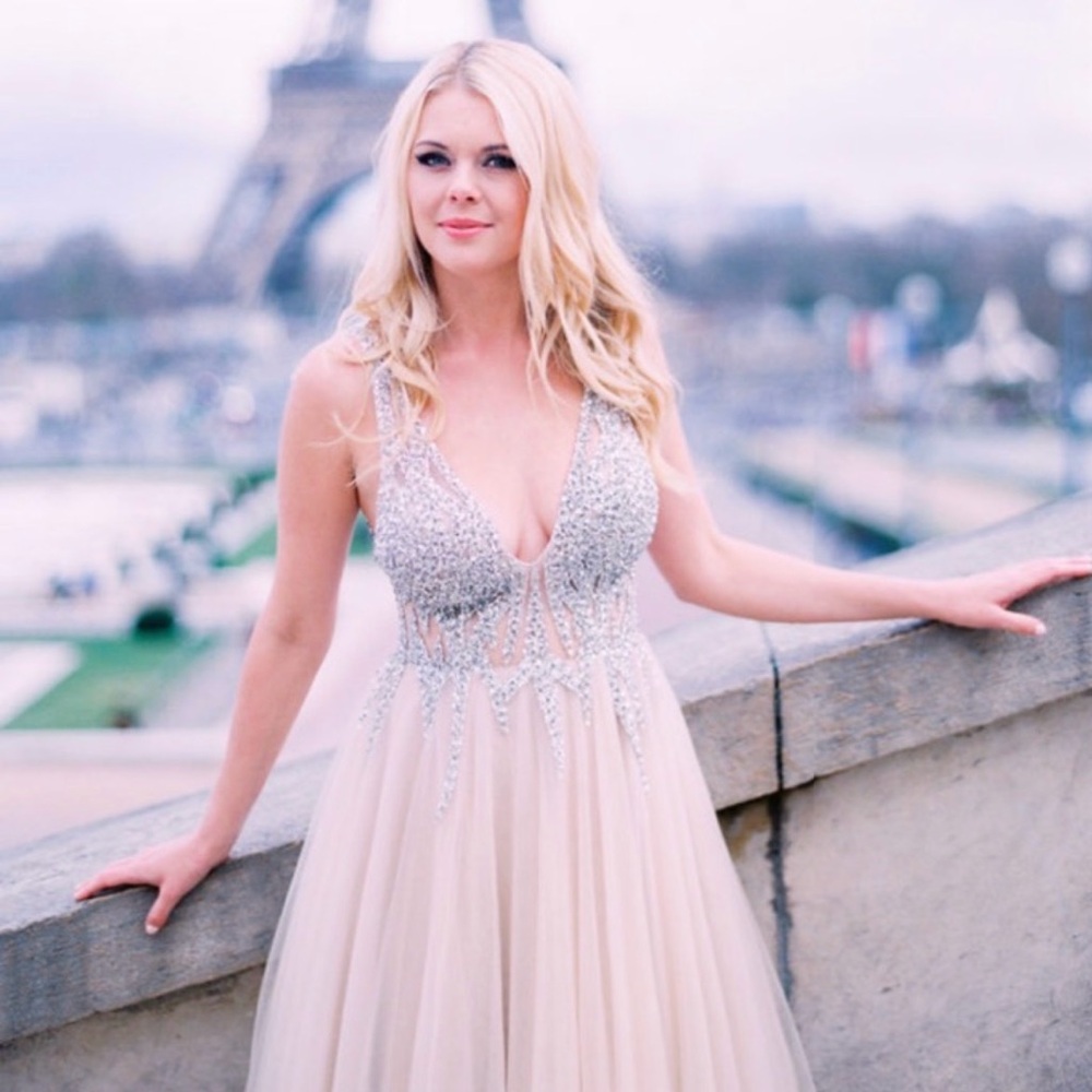 JOVANI Embellished V-Neck Tulle Evening Dress in Nude and Silver - Picture 6 of 8